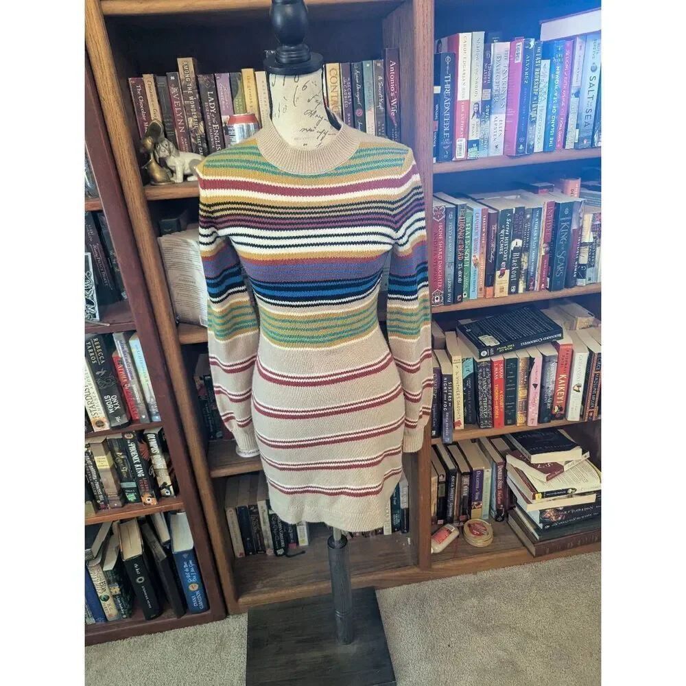 Free People Knee Length Women’s Sweater Dress Long Sleeve Knit Beige Striped XS